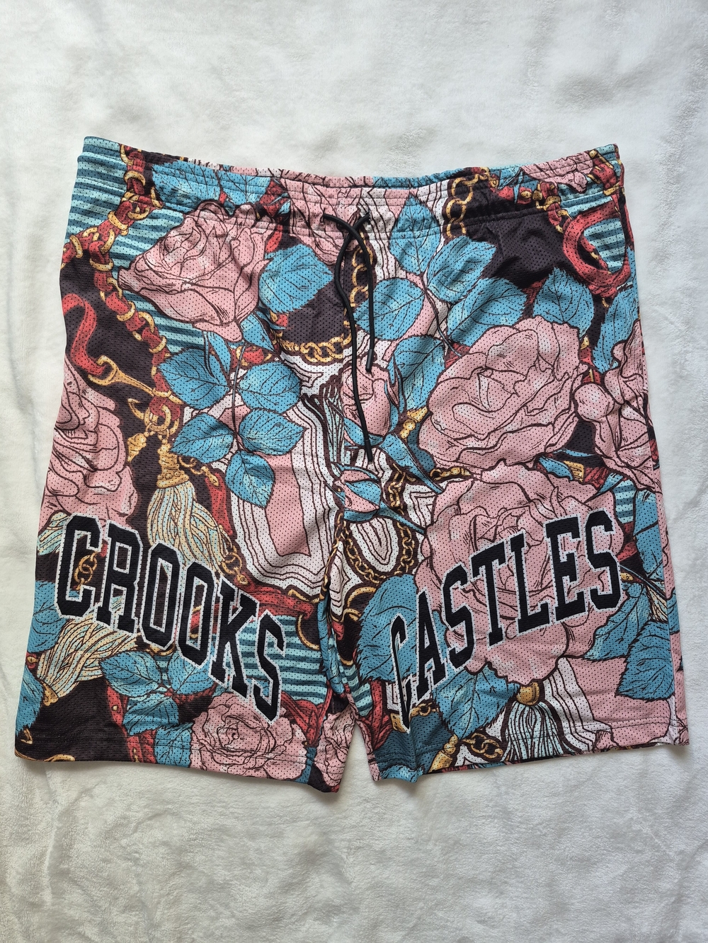 NWT-Crooks & Castles Floral Logo Shorts - Pink, Teal & Gold